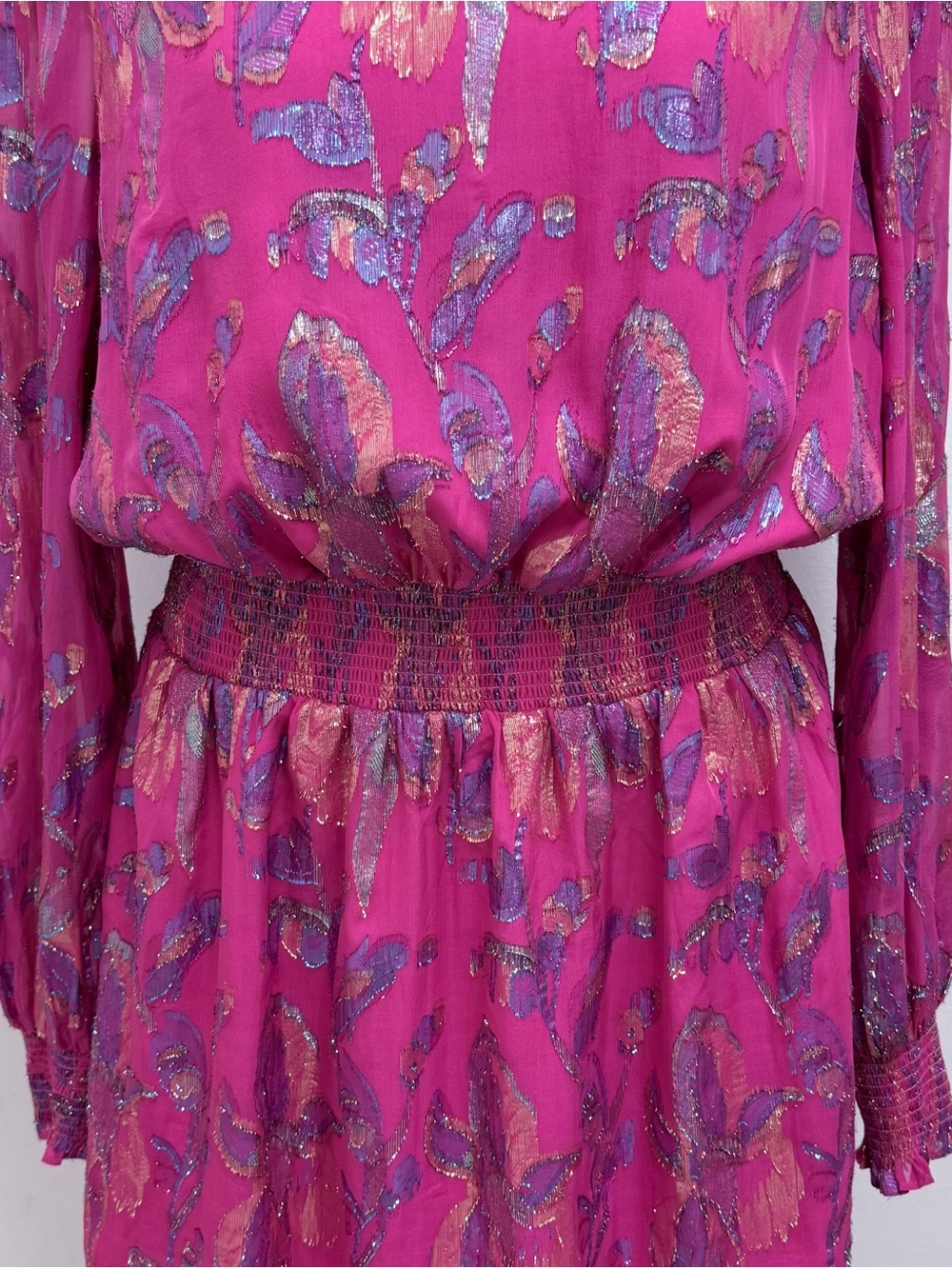Lilly Pulitzer Cosita Acai Berry Floral Metallic Smocked Waist Blouson Dress 16 - Picture 3 of 13